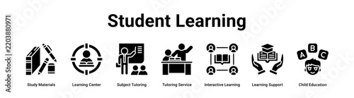 Student Learning web banner icon vector illustration concept for education with icon of Study Materials, Learning Center, Subject Tutoring, Tutoring Service, Interactive Learning, Learning Support.