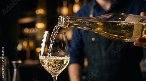 Indoors closeup of white wine being poured from a bottle into a glass by a bartender, featuring space for text.