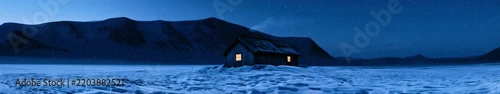 Widescreen Seamless Loop Animation of a Remote Snowy Cabin at Night with Falling Snow and Warm Window Light