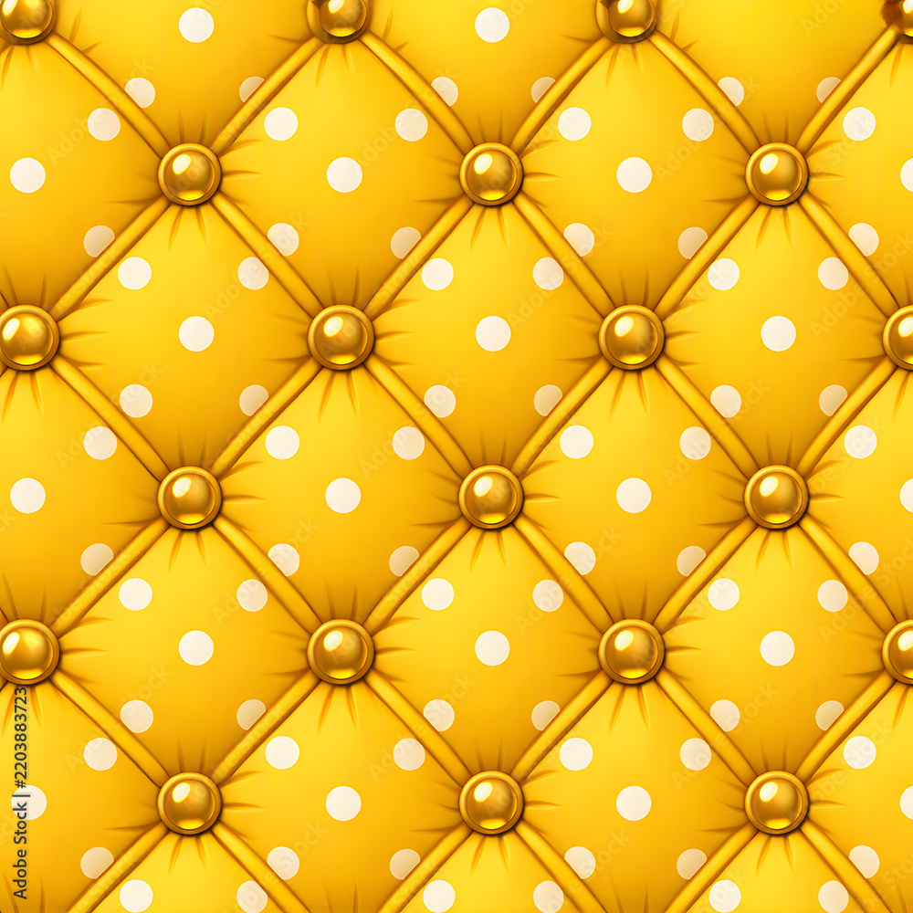 Obraz premium Yellow quilted leather surface with polka dots and gold buttons