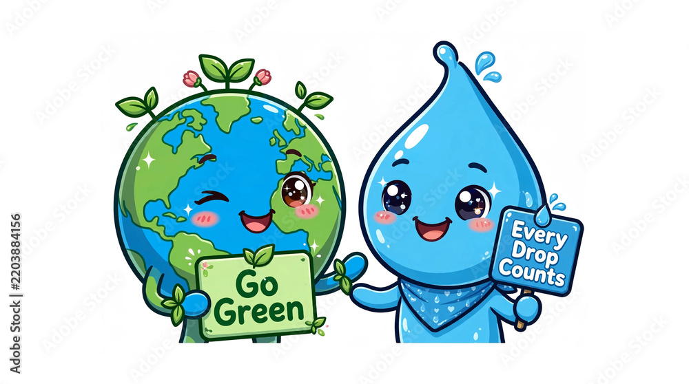 Fototapeta premium Dynamic Eco Earth And Water Drop Mascots Action On White Background
