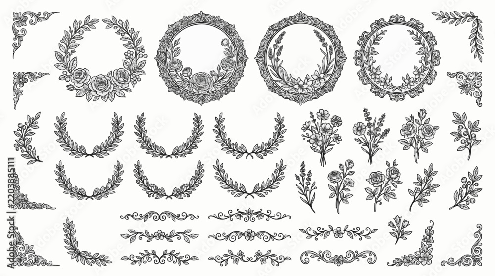 Fototapeta premium Large vector set of detailed circular floral frames, rose wreaths, bouquets, leafy dividers, and decorative corners in black and white