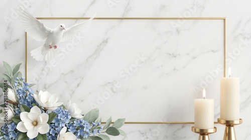 Memorial invitation background with a white dove, golden frame, blooming flowers, and lit candles over white marble.