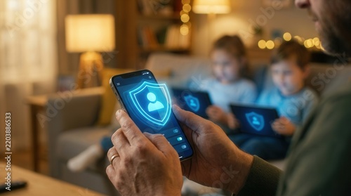Online safety and digital world privacy managed by parent using smartphone and kids with tablets.