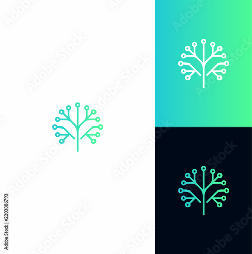 Digital Technology Tree Symbol Featuring Minimalist Circuit Board Branching Patterns and Modern Gradient Design Elements