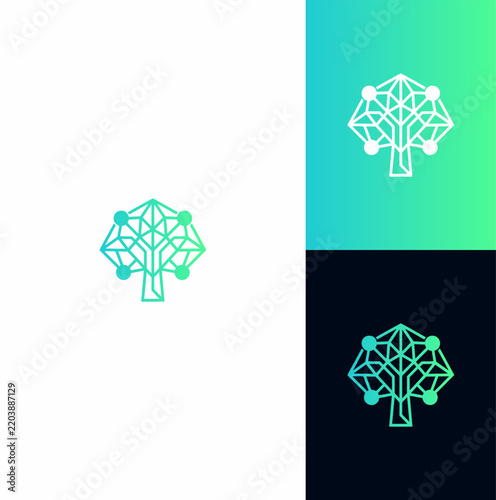 Geometric Digital Tree Network Symbol Featuring Interconnected Nodes and Modern Gradient Lines for Tech Innovation Branding