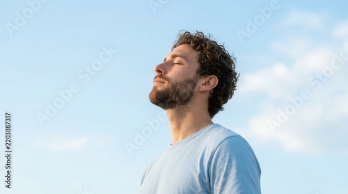 A calm adult guy meditates and breathes fresh air in a natural atmosphere during vacation.