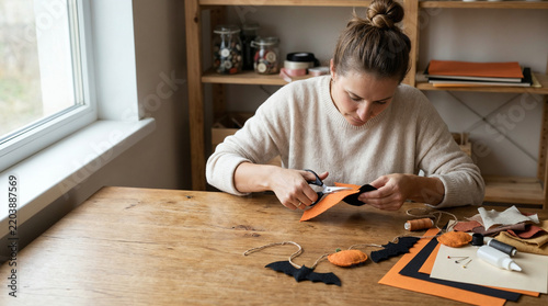 Woman cutting orange felt details for Halloween decor at a table