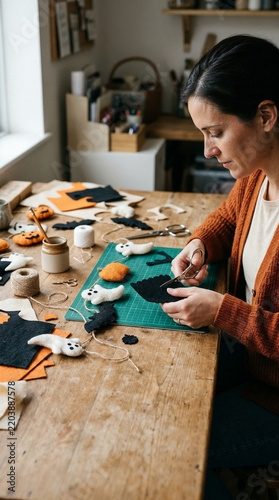 Woman in an orange cardigan cutting garland pieces on a green mat at a table
