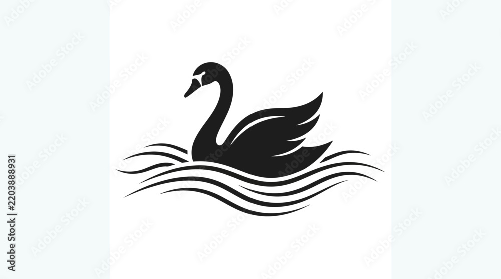 Fototapeta premium Black swan swimming gracefully on water waves logo icon, elegant bird vector illustration