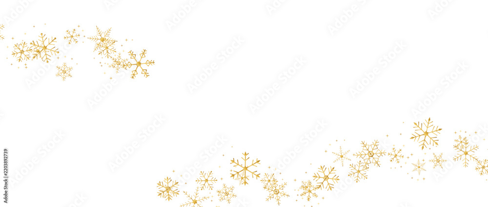 Obraz premium Christmas gold snowflakes and stars transparent background pattern, elegant festive snowfall scatter with varied flakes, sparkling star accents and open copy space. Vector illustration.