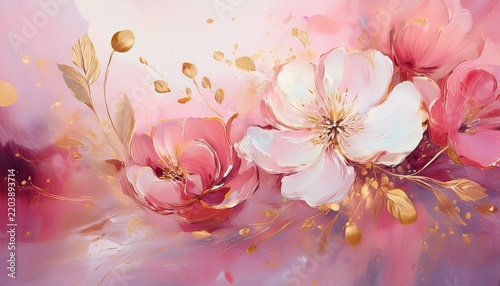 impressionistic floral artwork with delicate pink and white hues accented with subtle gold touches for a dreamy elegant backdrop