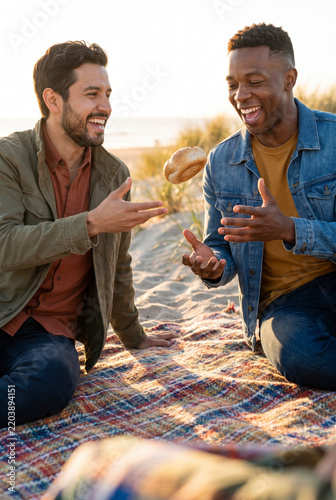 Two men friends laughing tossing a bread roll together on beach picnic blanket