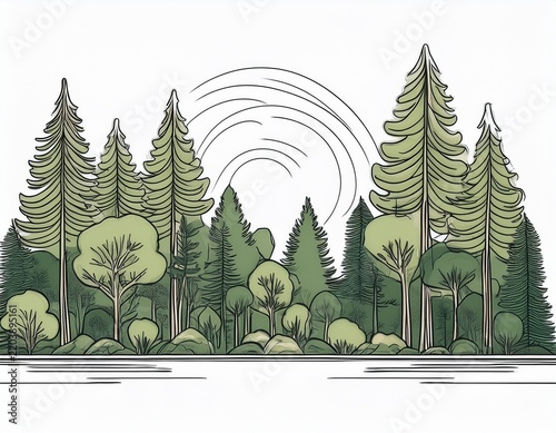 continuous one line drawing of a lush forest with various trees minimalist artistic style isolated white background