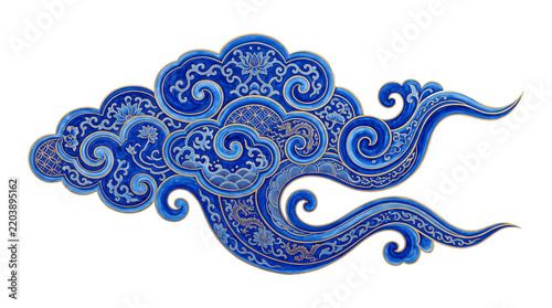 Ornate Traditional Chinese Blue and Gold Auspicious Cloud with Lotus Dragon and Decorative Floral Patterns