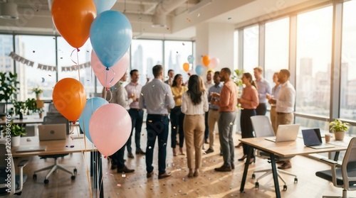 Celebrating a work anniversary with an office party featuring balloons, confetti, and company spirit.