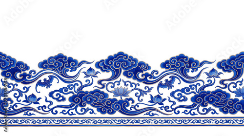Traditional Chinese Blue and Gold Auspicious Cloud Border with Lotus Flowers and Decorative Wave Motifs