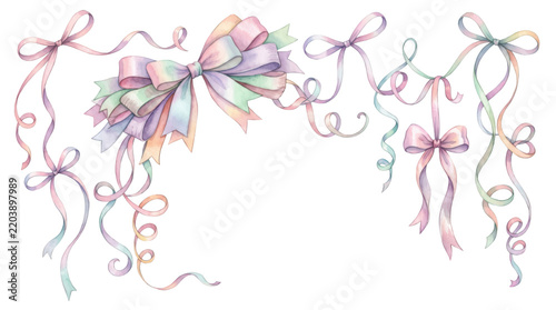 Watercolor of Colorful pastel ribbons and bows on a white background for festive decoration, isolated on transparent background