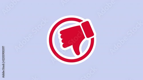 Negative feedback sticker animation with a red thumbs down hand inside red circle on a transparent background. Disapproval dislike rejection. Seamless animated icon. 4K video overlay isolated element.