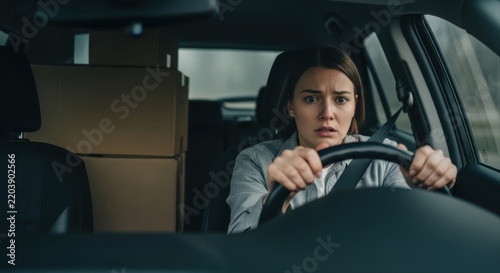 A frightened young woman driving a car with stacked cardboard boxes in the back seat, experiencing panic, stress, and worry during a tense commute while gripping the steering wheel in fear.