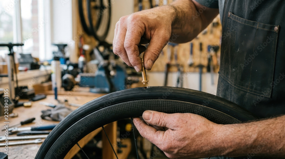 Obraz premium Mechanic repairing bicycle tire with valve core in workshop
