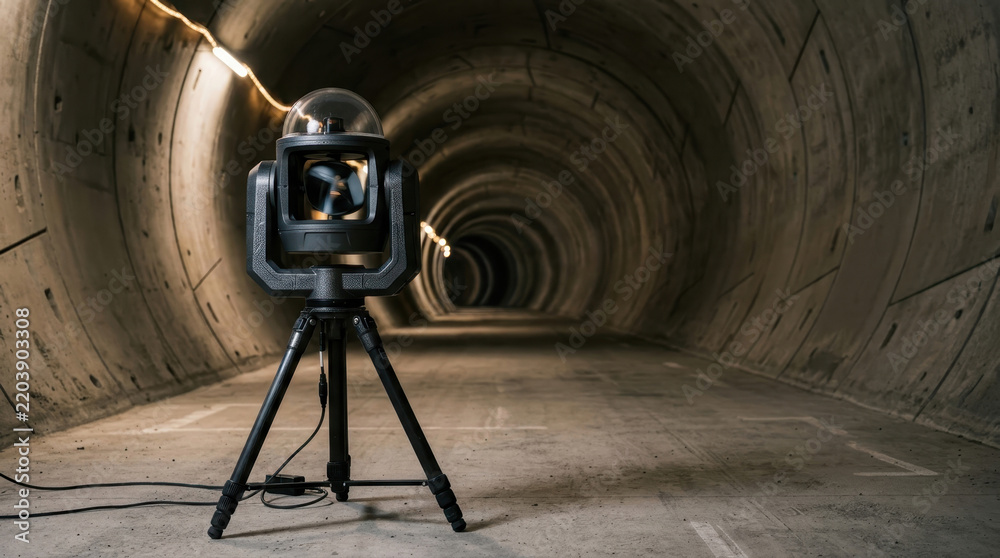 Obraz premium Laser scanner device recording 3D measurements inside a concrete tunnel