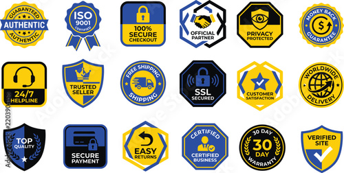 E-commerce Security Badges Collection, 20 Blue and Yellow Vector Trust Seals, Online Shopping Guarantee Icons for Websites