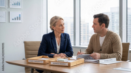 Business owner meeting accountant to review compensation and fixed costs in office.