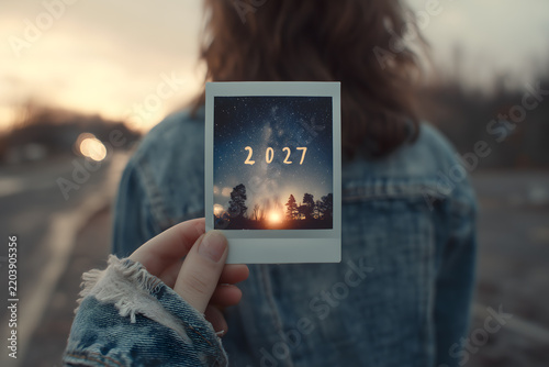 A person holds a polaroid photo of a starry sky and 2027