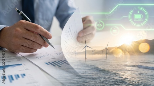 Businessman Writing on Document Overlaid on Offshore Wind Turbines and Glowing Battery Icon
