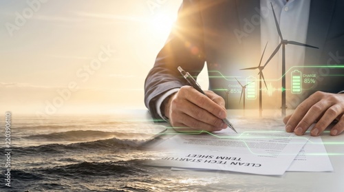 Businessman Writing on Contract Overlaid on Offshore Wind Turbines at Sunset Over Ocean