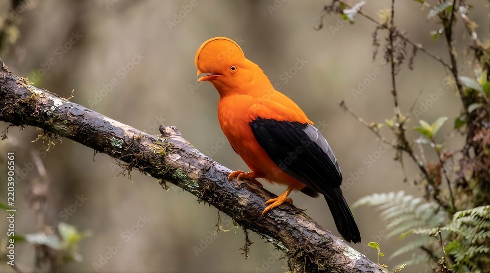 Obraz premium Exotic male Andean Cock-of-the-Rock bird calling with open beak on a mossy branch in tropical rainforest