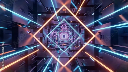 Futuristic neon diamond tunnel with glowing geometric shapes and reflective metallic surfaces