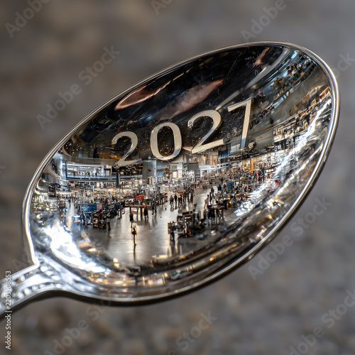 Silver spoon reflecting a bustling night city with 2027
