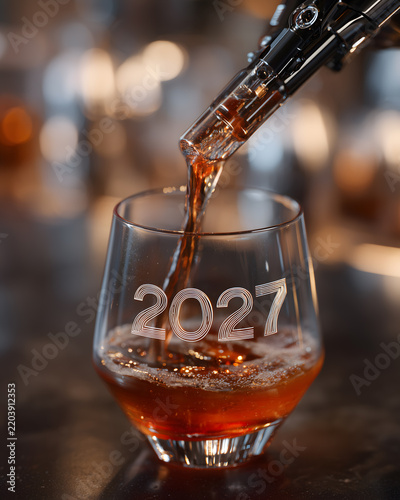 Whiskey pouring into a glass engraved with the year 2027
