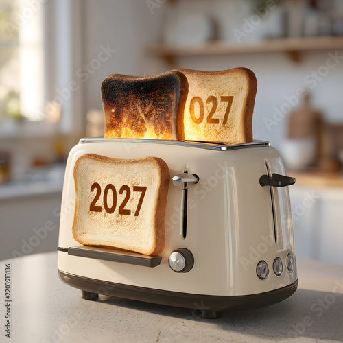 Toast reading 2026 and 2027 popping up from a kitchen toaster