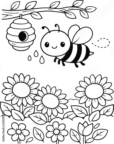 Cute Bee and Honeycomb Coloring Page vector design art illustrator