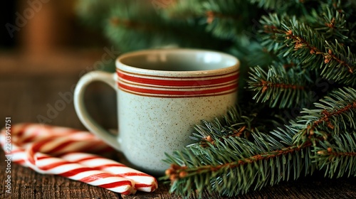Vintage Ceramic Mug Beside Candy Canes and Evergreen Branches