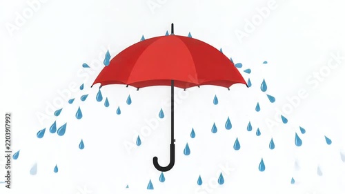 Red umbrella protecting from blue rain drops against a white background