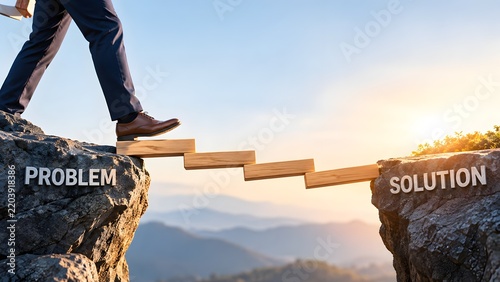 Business problem boulder chasing running professional man on steep hill representing corporate crisis and survival concept