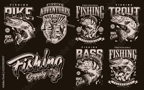 Black and white fishing-themed logo designs