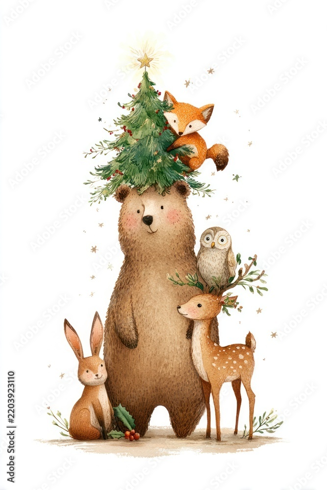 Fototapeta premium Charming woodland animals celebrate Christmas.