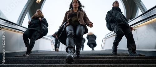 Modern escalator scene featuring three people moving upward