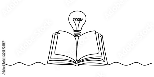 Open book with lightbulb emerging from pages in one continuous line art style for creative knowledge learning concept.