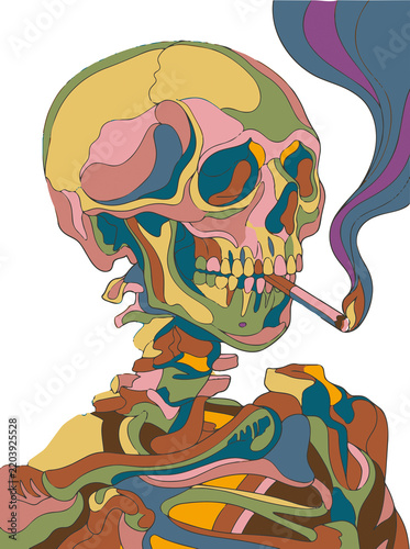 Psychedelic skull smoking a cigarette retro illustration