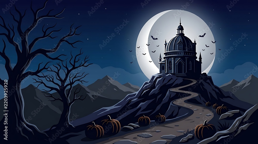 Fototapeta premium Spooky halloween landscape with haunted castle, full moon, dead tree, winding path, and pumpkins