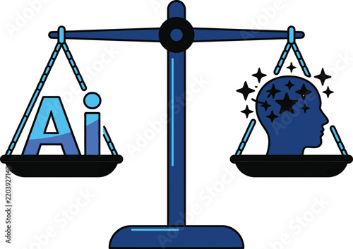 Artificial intelligence versus human brain on scales of justice, AI ethics and legal regulation concept, blue vector illustration of technology balance