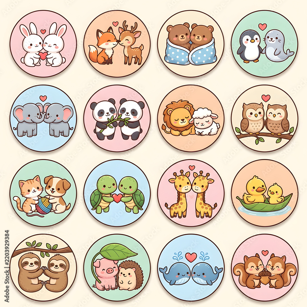 Obraz premium Funny Cartoon Animal Zodiac Signs Set, Cute Vector Icons and Seamless Pattern Illustration with Cat, Dog, Lion, Pig and Nature Symbols for Wallpaper Design