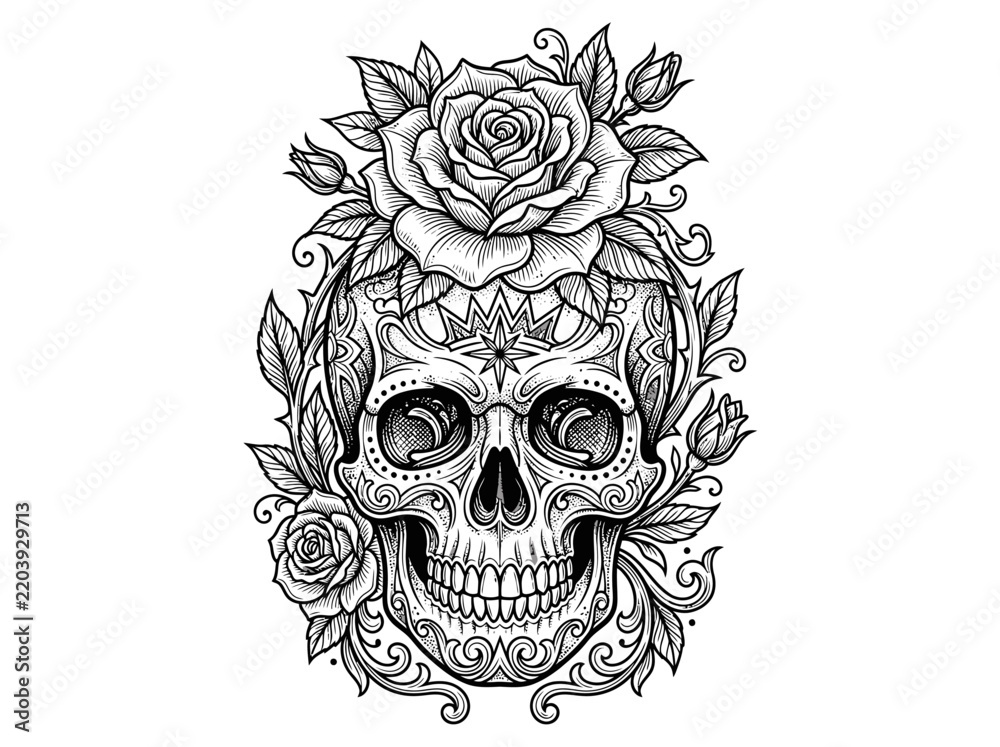 Fototapeta premium Decorative Sugar Skull Art with Roses and Intricate Botanical Elements.