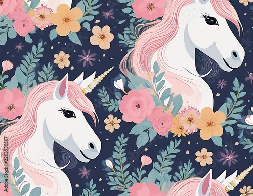 cute unicorn with pink floral bouquets tiny loose floral design with white horse seamless pattern for textile wallpaper or print design